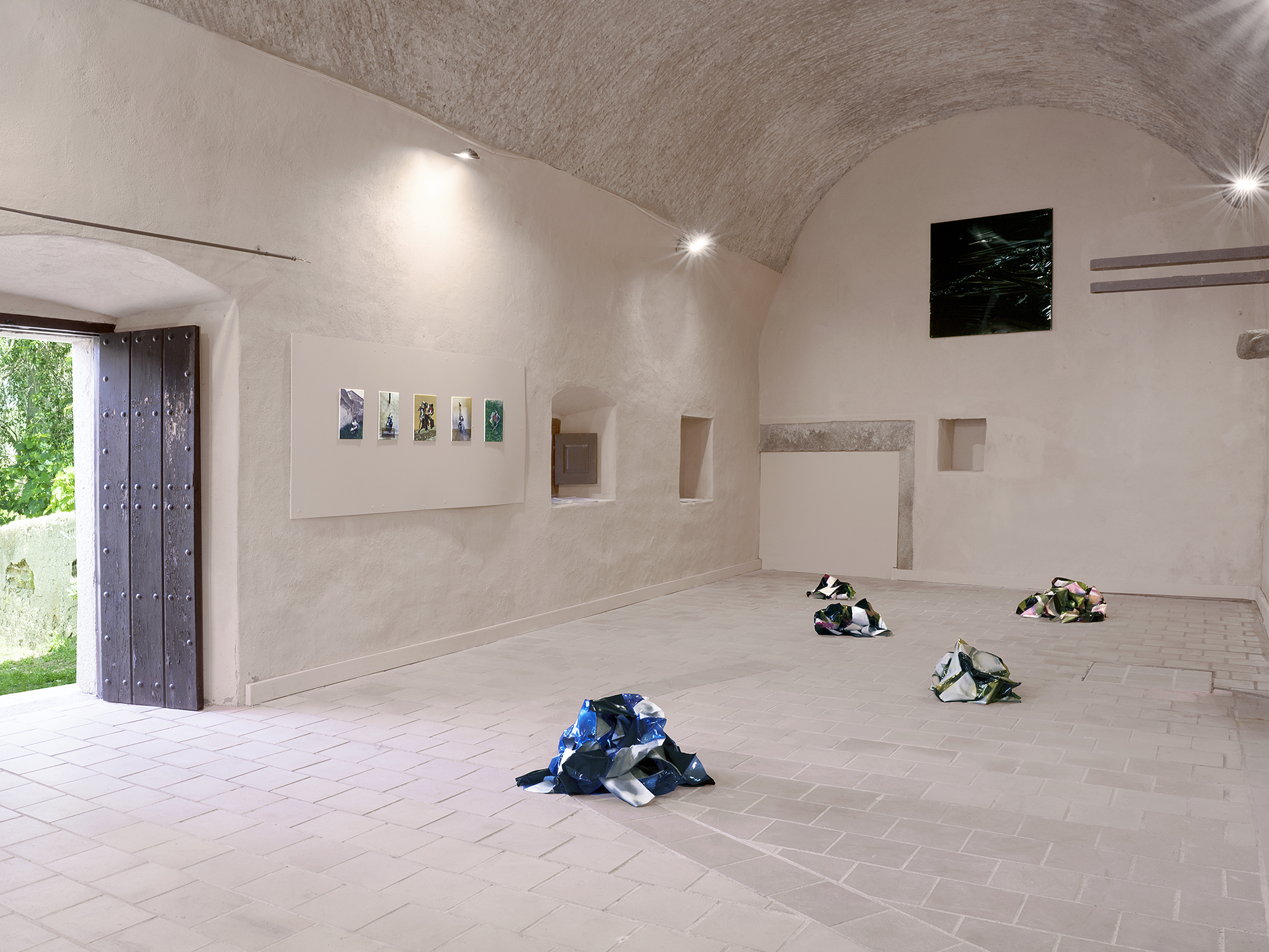 Commutable, PARTs, dimensions variable; performance photography; 150804, 120 x 120 cm, acrylic, canvas, PE film, 2015, installation view Clothing In - Commutable, Museo Vostell Malpartida, Cáceres, Spain, 2024