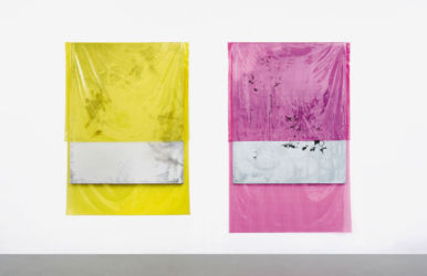190 x 130 cm and 200 x 130cm, both lacquer, acrylic, spraypaint, PE film on canvas, 2015, installation view FAQ, Kunsthalle m3, Berlin