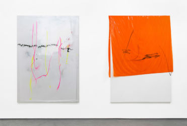 , 185 x 135 cm, 2013, <em>151001</em>, 185 x 135 cm, 2015, both lacquer, acrylic, spraypaint, PE film on canvas, installation view <em>CMYK</em>FOLD gallery, London