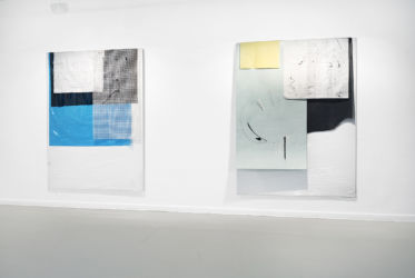 1. acrylic, lacquer, rubber grid, cloth, PE film on canvas, 2. acrylic, lacquer, recycled milkcarton, PE Film on canvas, each 200 x 150 cm, installationview <em>incremental abstractions</em> at Kunstverein Tiergarten