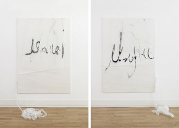 <em>#6005</em>, 185 x 130 cm each, acrylic, lacquer, PE film, plastergrid on canvas, 2020, installation view Galerie Alber, Cologne, 2020