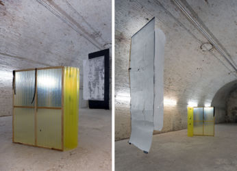 200 x 180 x 80 cm, PE Panel, wooden stretcher, ducktape, bicycle tube, fabric, 2020, <em>200901</em>, 370 x 180 x 3 cm, ink, paper, biocast, milkcarton recycled (1 year studiofloor), ducktape, 2020, installation view <em>PREP</em> Glue, Werketage, Berlin, 2020
